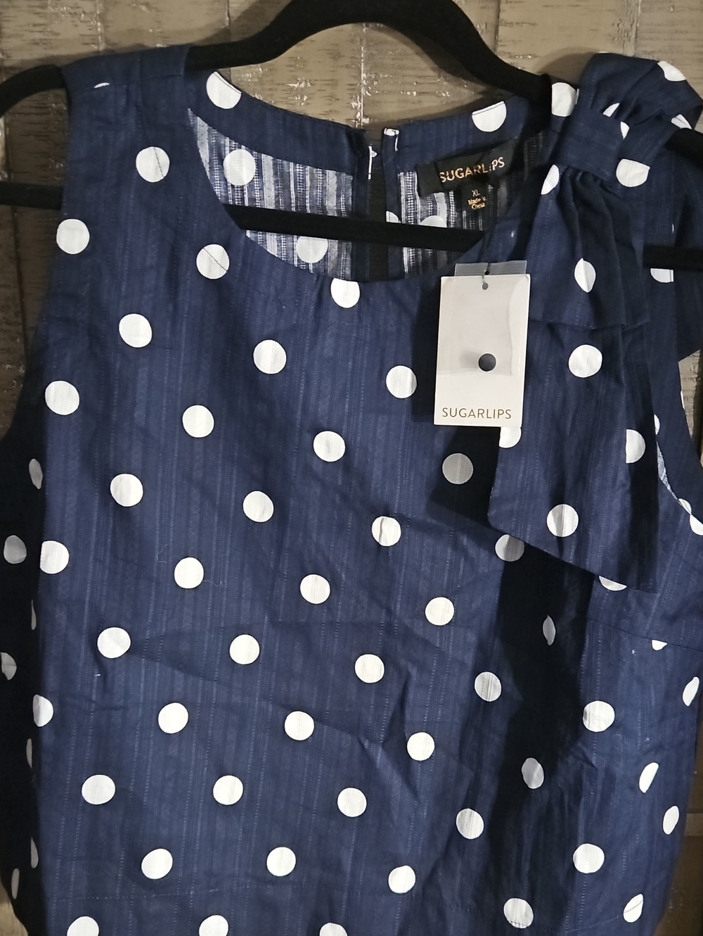 Sugarlips Navy White Polka Dot Bow Shoulder Top